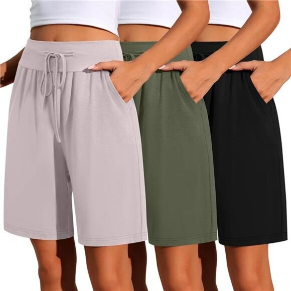 Womens High Waisted Bermuda Shorts Cotton Lounge Gym Casual Comfy 3 Pack - Picture 1 of 7